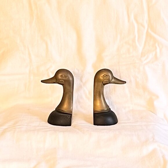 Vintage Estate Solid Brass Duck Head Bookends - Picture 2 of 7